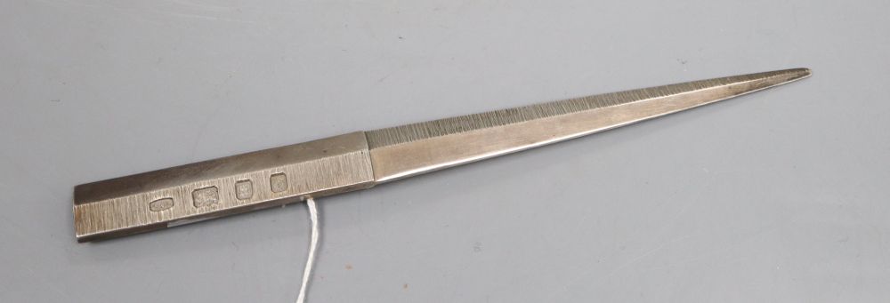 A modern part textured silver letter opener by Christopher Nigel Lawrence, London, 1969, 20cm, 3.5oz.